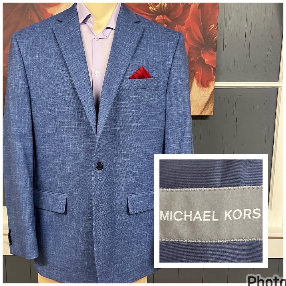 Michael Kors Hopsack Blazer Mens 46L Long Classic Fit Polyester Stretch Blue